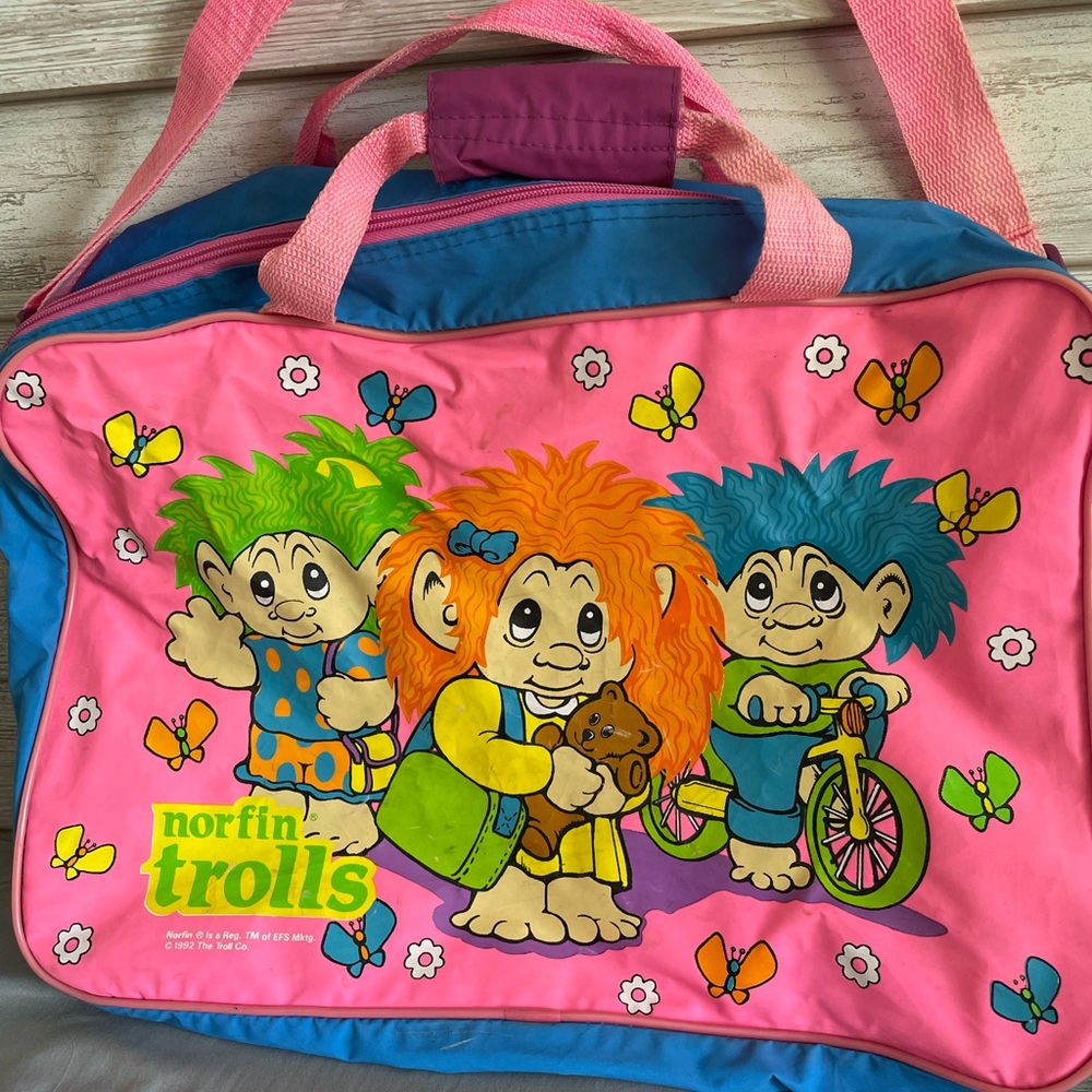 Vintage 1992 Norfin Trolls Zippered Duffel Bag Pink Blue Travel Handbag